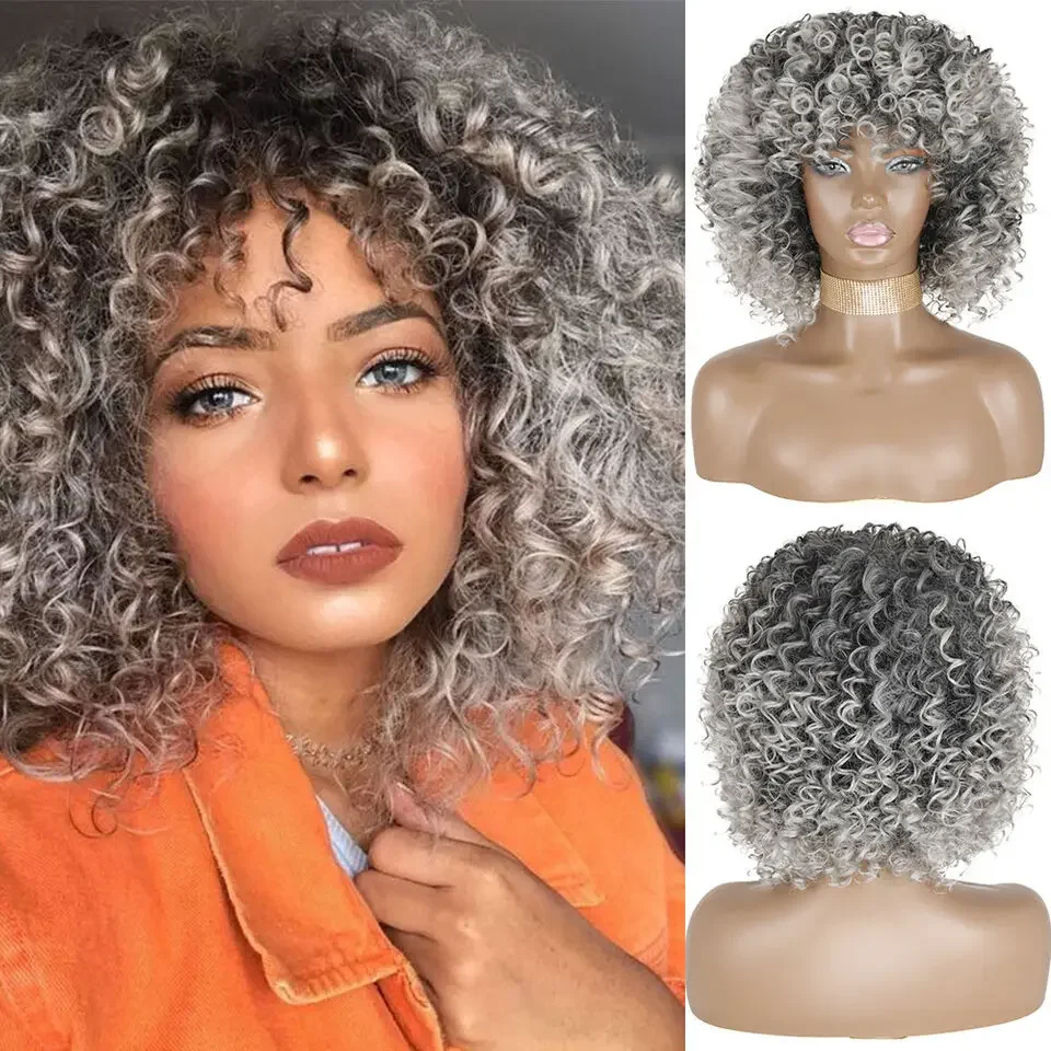 

Short Mixed Black Gray Wig Afro Curly Synthetic Wig With Bangs Heat Safe Soft Colly Wigs