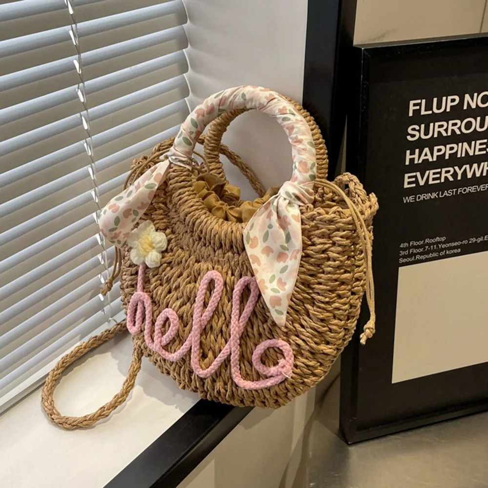 Handmade Sweet Beach Straw Bag Ribbon Moon Shaped Knitted Shoulder Bag Flower Large Capacity Braided Underarm Bag Woman