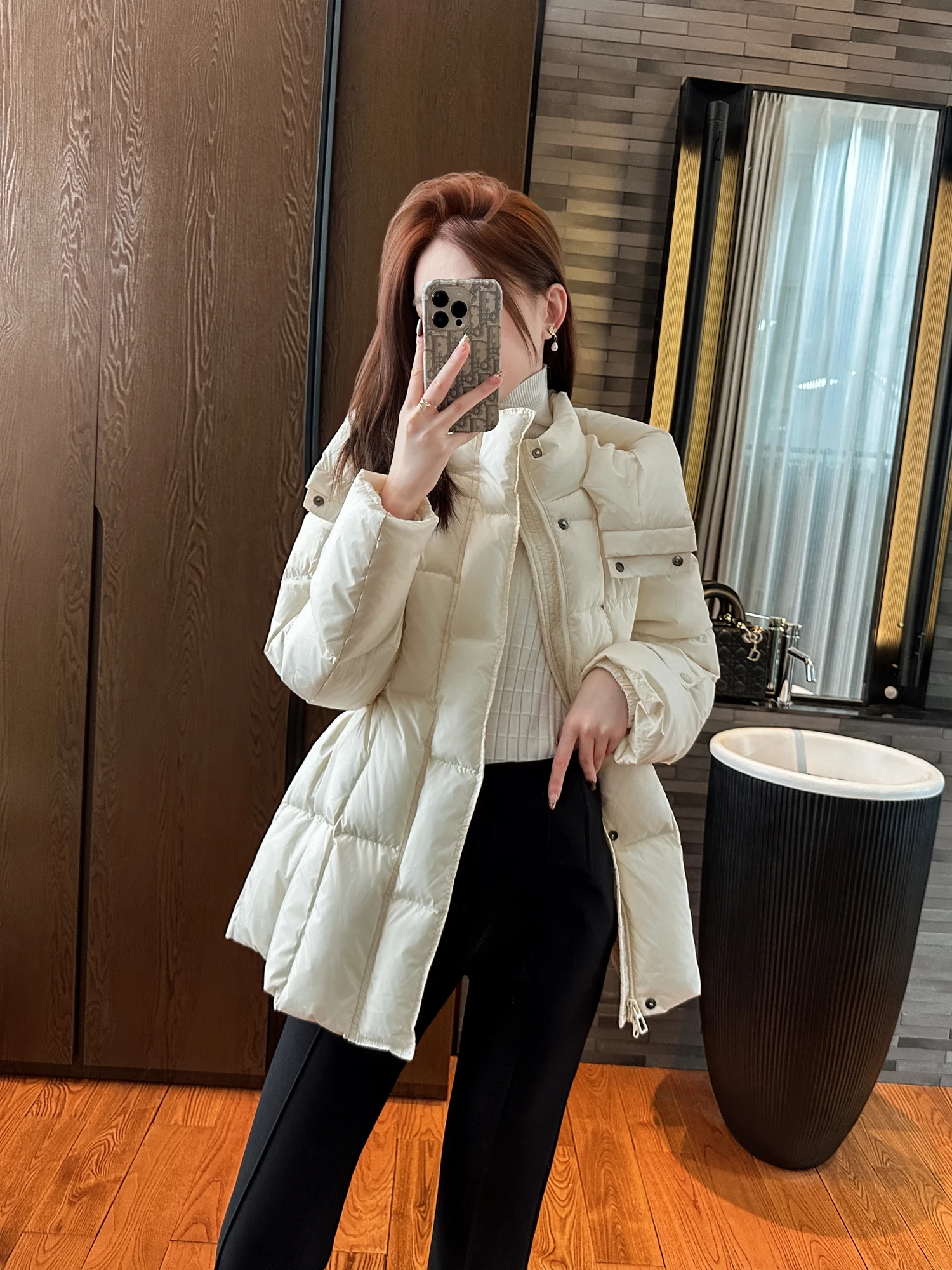 

You See Simple Silhouette Du down Jaet Loing Velvet Thermal White Collar 3D Stitching Commute Sle High Waist Long Sve