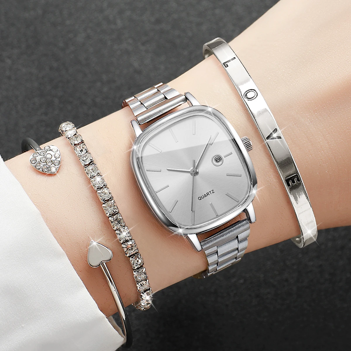 4 unids/set reloj de regalo para mujer conjunto de pulsera cuadrado escala Simple calendario Dial elegante exquisito reloj de cuarzo de moda (sin caja)