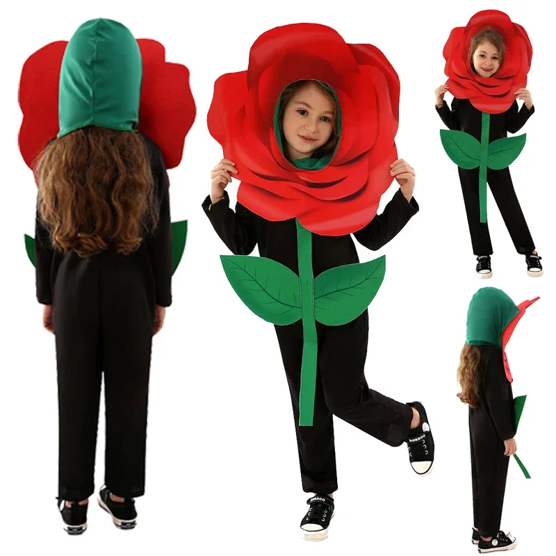 Rose Flower Cosplay Kids Boys Girls Fantasy Christmas Campus Stage Performance Costume Disguise Child Roleplay Fantasia Outfits