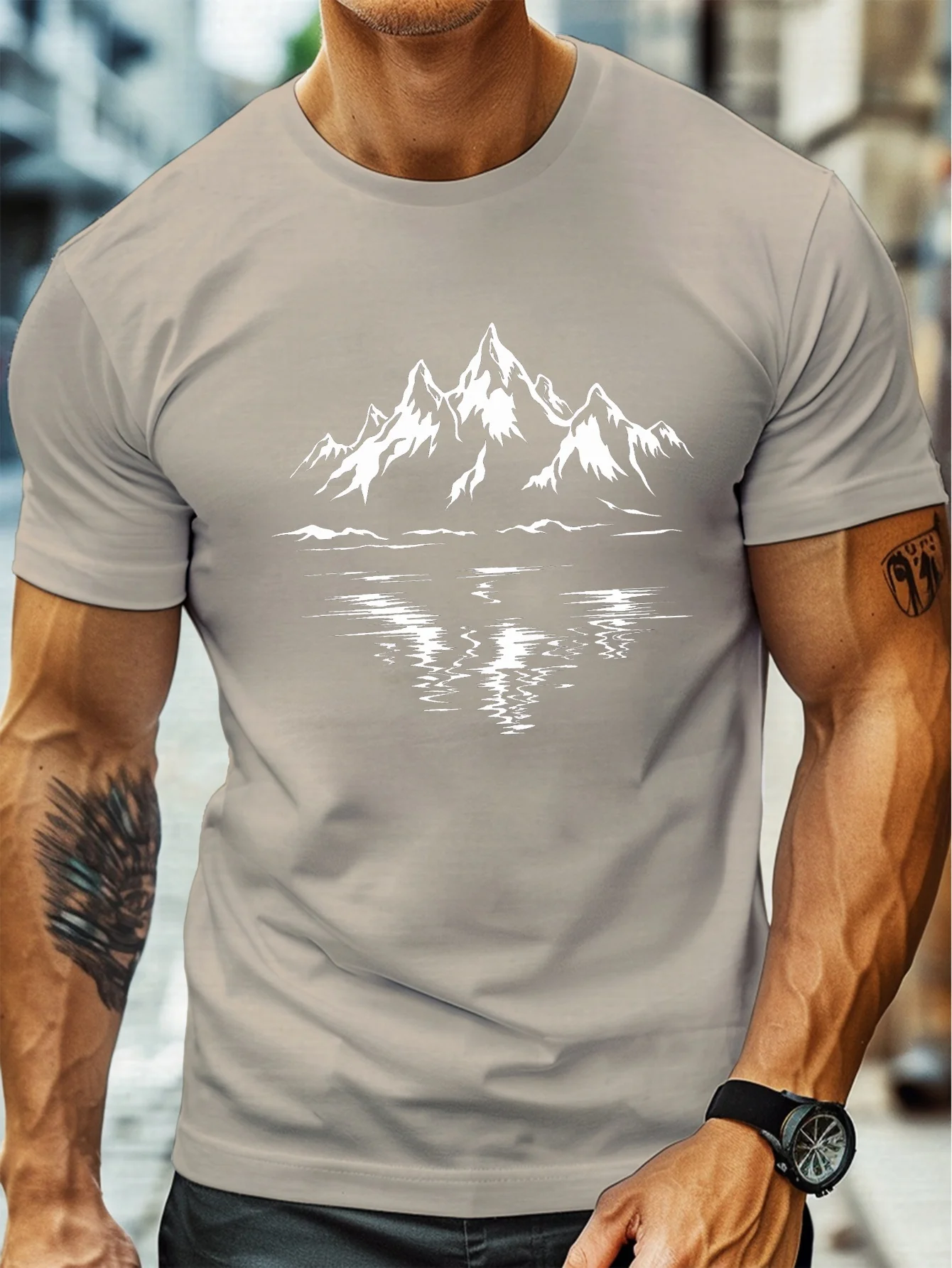 Plus Size Men's Summer T-Shirt, Stylized Mountain Illustration Printed Short Sleeve T-Shirt, Trendy Casual Top, Suitable for Daily Life, Big Tall Men, Plus Size
