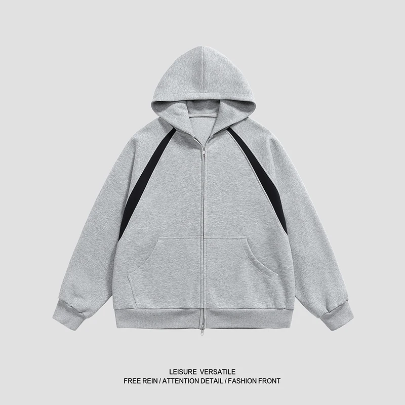 

2025 New Men's Hooded Zipper Jacket, Contrasting Color Blocks, Soft and Breathable, Fashionable Street Style Kangaroo Pockets