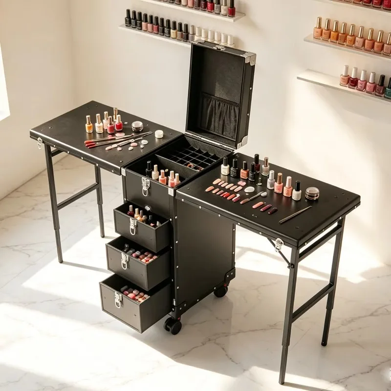 Rolling Makeup Train Case Nail Station with Manicure Table Tech Desk Nail Table for Beauty Salon Workstation Display Shows