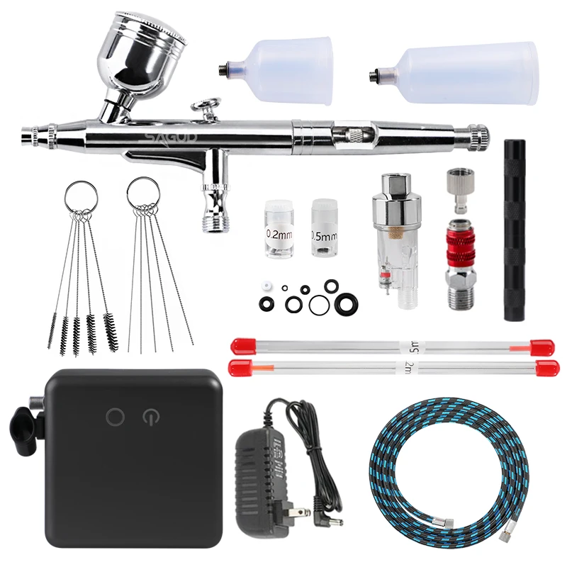 SAGUD Airbrush Compressor Kit Dual-Action 0.3mm Air Brush Gun with Spray Gun Hose Filter for Model Airbrush Nail Tattoo Painting