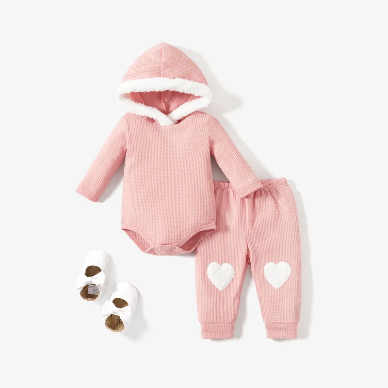 PatPat 2PCS Baby Girl Sweet Hooded Top/Heart-shaped Pant