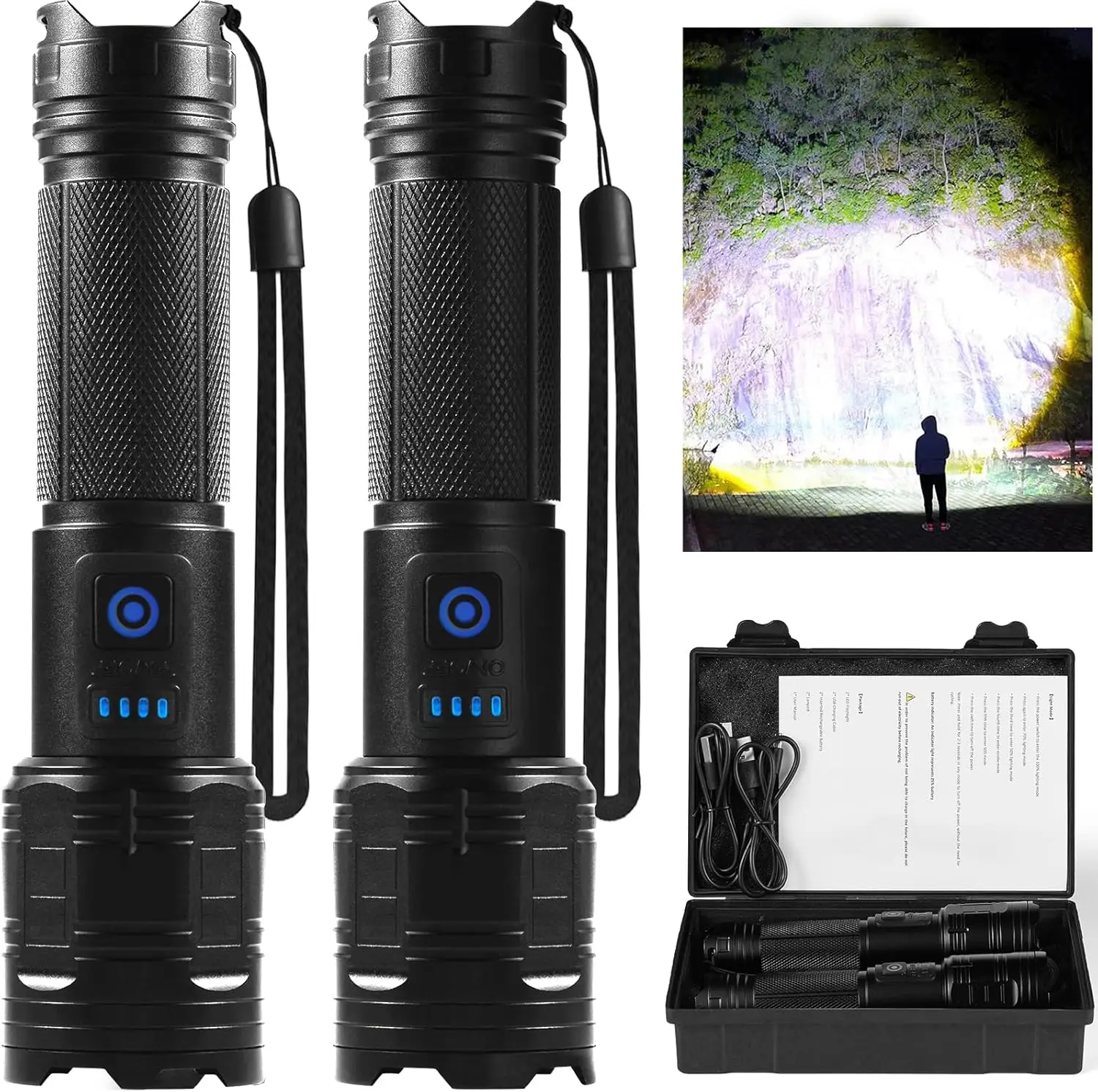 Super Bright 90K Lumen Rechargeable LED Flashlight, 2 Pack with 5 Modes for Camping & Outdoor Use