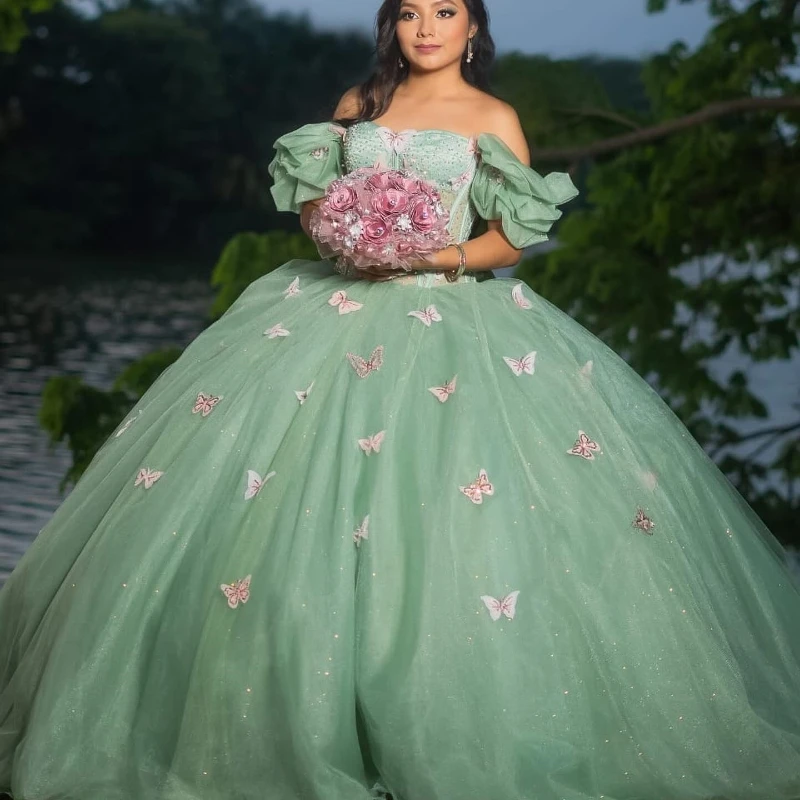 Sage Green Quinceanera Dresses Sweet Beads Bow Princess Ball Gown 2024 Birthday Party Gowns Vestidos De 15 Quinceañera