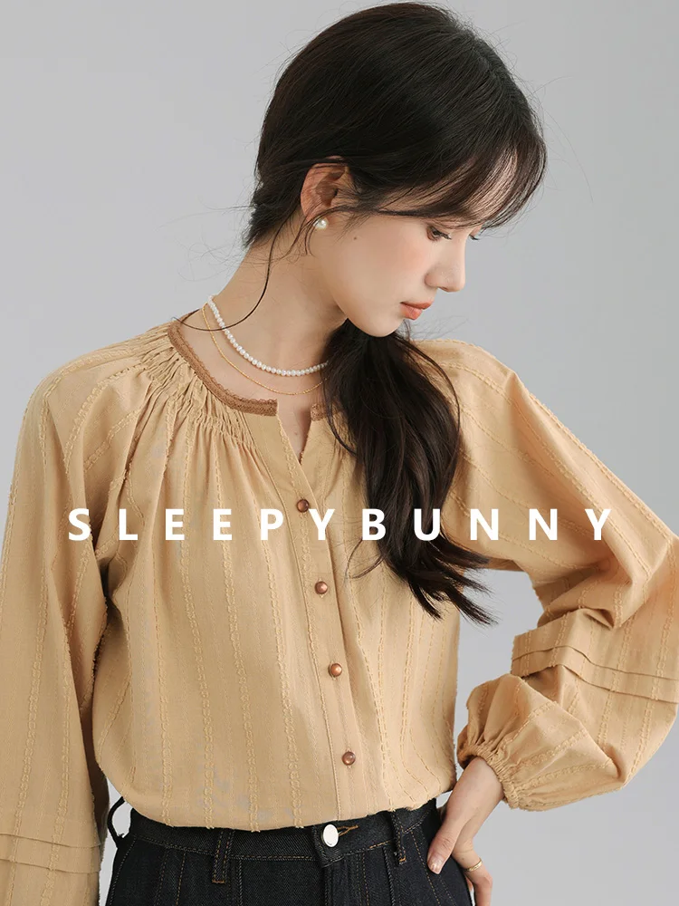 French Lace Trim Lantern Sleeve Blouse Women Spring&Fall Loose Fit Round Neck Shirt Vintage Contrast Design Casual Elegant Tops