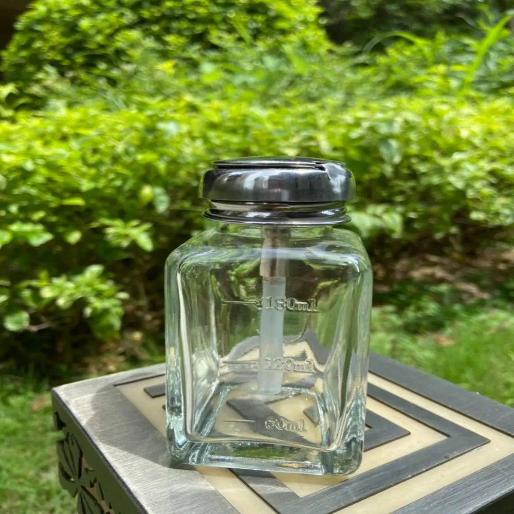 180ml/120ml Push Down Pump Dispenser Glass Square Liquid Pump Dispenser Bottle Anticorrosion Thicken Nail Polish Remover Bottle