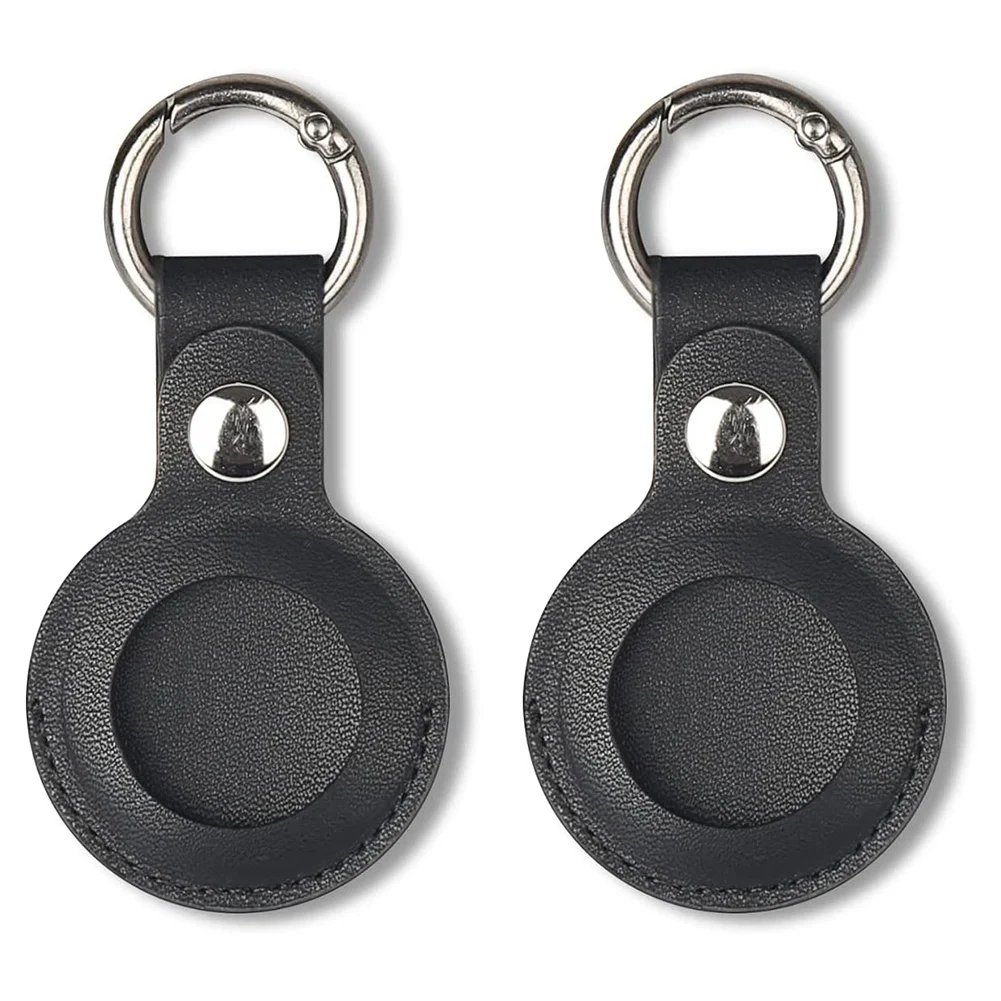 NOCM 2Pcs Case Compatible for , PU Leather Skin Cover with Keychain Holder Key Ring for Air Tag Accessories Black