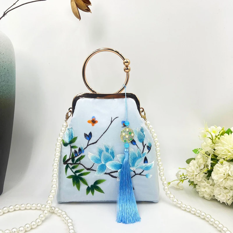 

New Chinese Style Brocade Handbag Large Capacity Retro Pearl Crossbody Bag Cheongsam Clutch Bag Hanfu Qipao Purse
