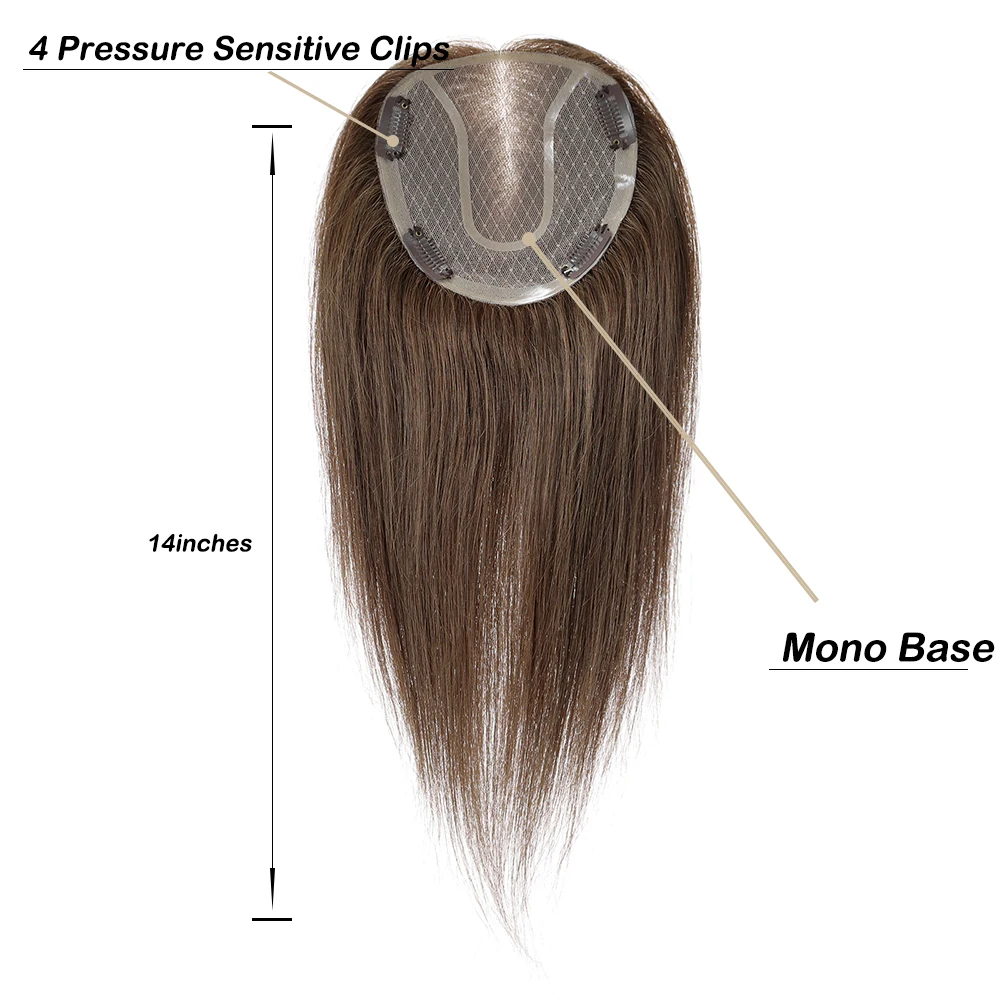 14-Zoll-Echthaar-Topper mit Mono-Spitzenbasis, natürliche braune Haarteile für Frauen mit dünner werdendem Haar, 4 Clips in Haar-Topper