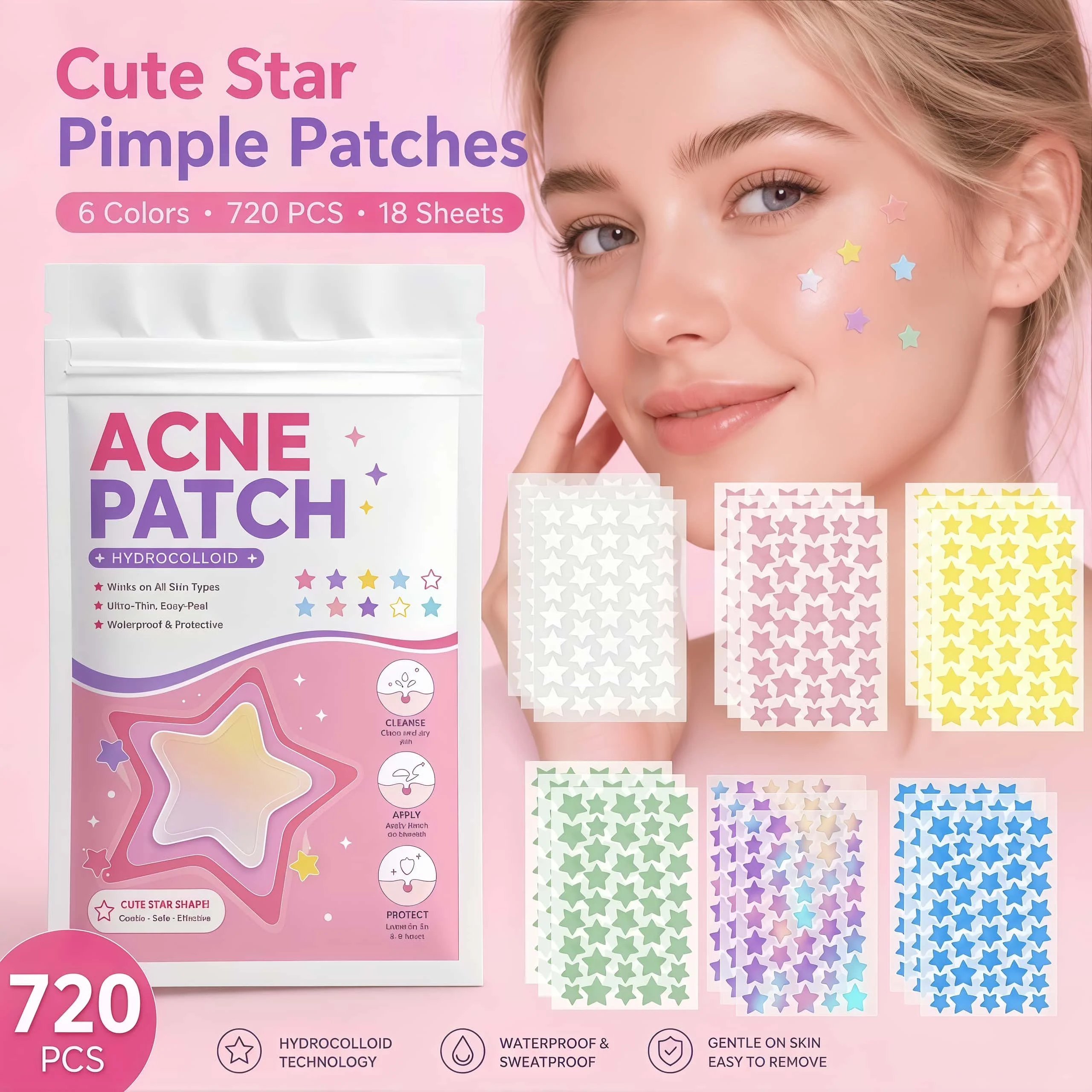 720PCS 18 Sheets Star Pimple Patches, 6 Color Hydrocolloid Face Stickers, Cute Spot Covers for Women Teens Daily Skin Care