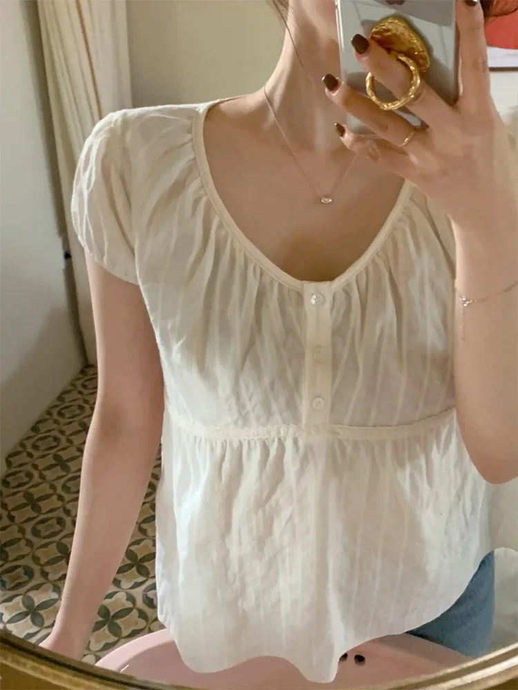 เสื้อทรงหลวมสไตล์เรโทรสำหรับผู้หญิง ดีไซน์ตุ๊กตา แนวฮันกีเซ ติดกระดุม ทรงกลม สีพื้น