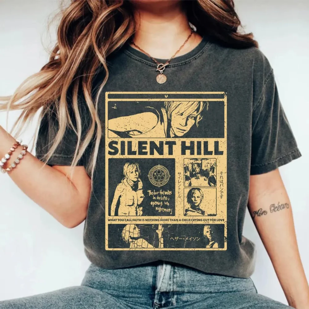 Retro Silent Hill Tee Distressed Vintage Horror Video Game Shirt Game Tee Graphic Short Sleeve Casual Crew Neck T Shirt