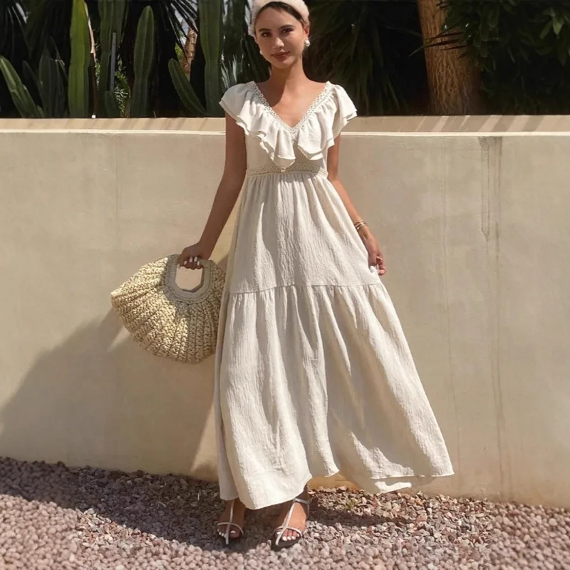 

2025 Summer New Product Flying Sleeve Loose V-neck Apricot colored Dress for Women's Clothing