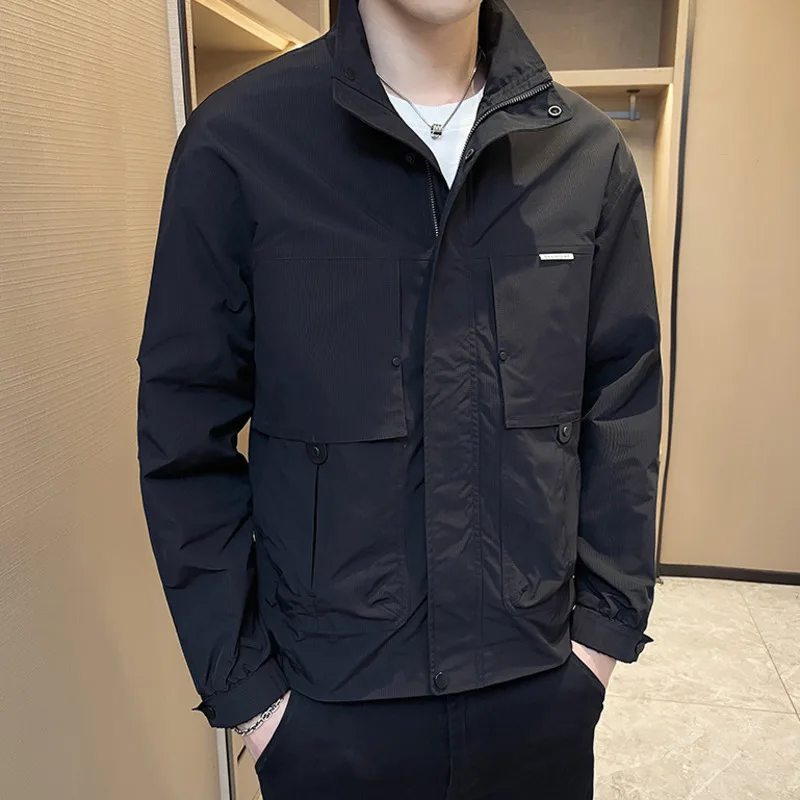 Осенне-зимняя мужская стеганая куртка с воротником-стойкой и несколькими карманами, трендовая ветрозащитная плотная теплая куртка-пуховик