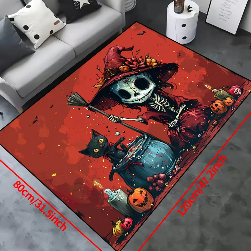 Skull Witch & Black Cat Halloween Rug - Non-Slip Polyester Carpet For Living Room Bedroom Nursery Outdoor Patio & Garden Decor