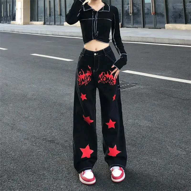 Hip Hop Vintage Women Black Red Jeans Streetwear Fashion Pants Star Painted High Waist Wide Leg Straight Casual Loose Trousers