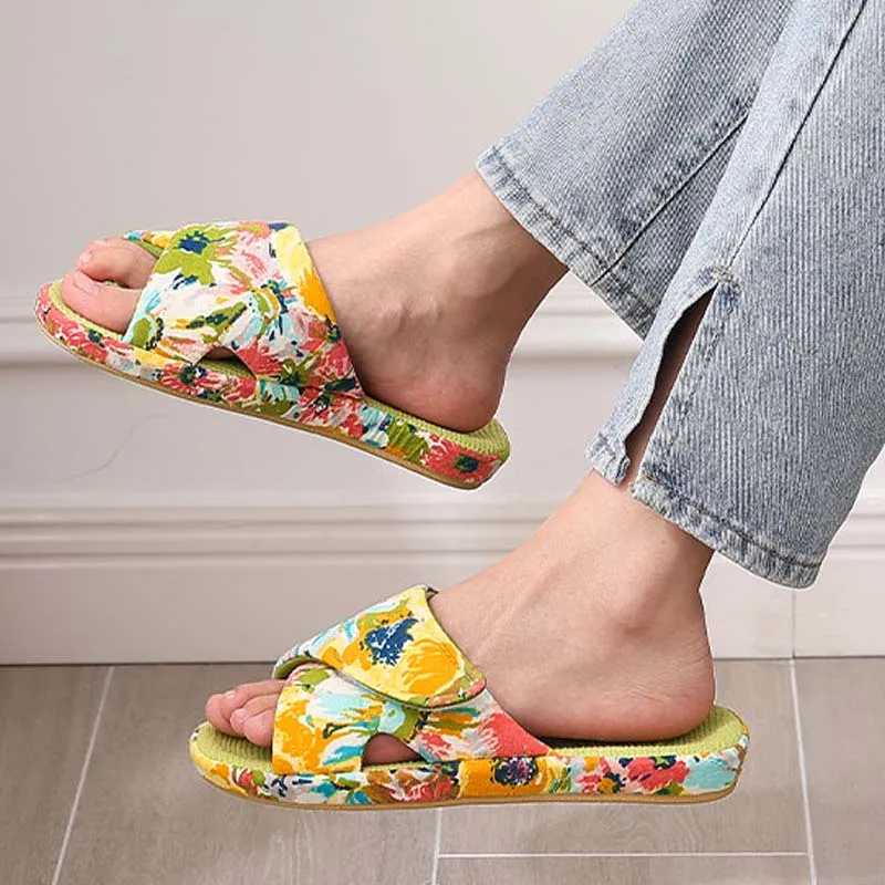 

Shevalues Women's Printed Flat Slippers Indoor Waffle Cotton Slippers Open Toe Anti-Slip House Slippers Four Seasons Flat Shoes