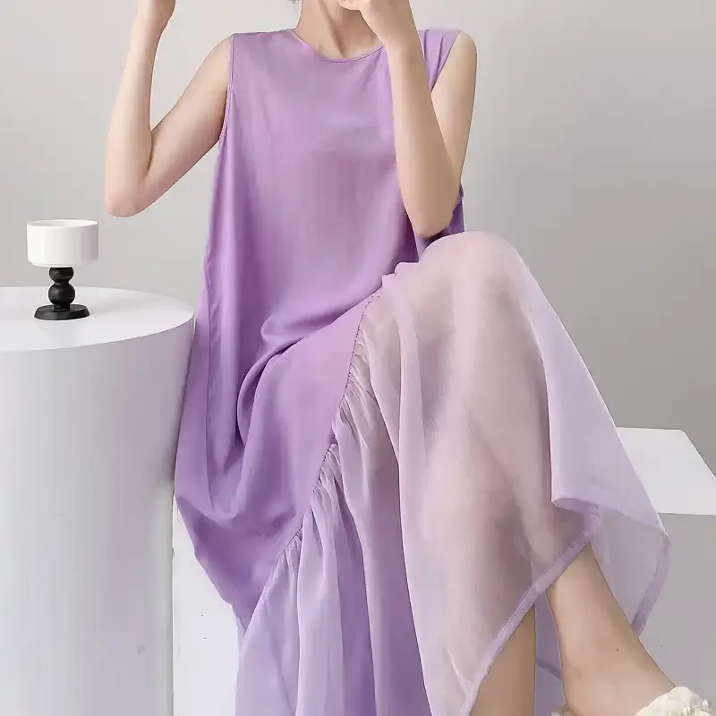 

Elegant Women's Sleeveless Asymmetrical Dress With Draped Detailing Loose Fit Summer Style Ankle Length O Neck Design