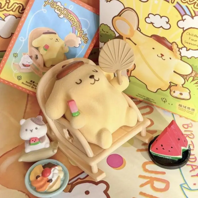 Sanrio pom pom purin kawaii quatro estações série caixa cega boneca ornamento de mesa artesanal decoração do quarto crianças presente aniversário