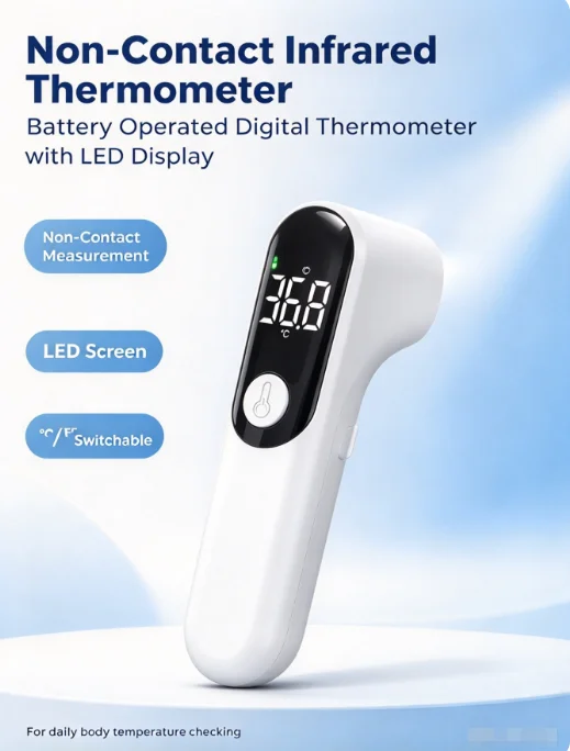 Battery Operated Non-Contact Infrared Thermometer, Digital Thermometer with LED Display, ℃/℉ Switch for Daily Body Temperature C