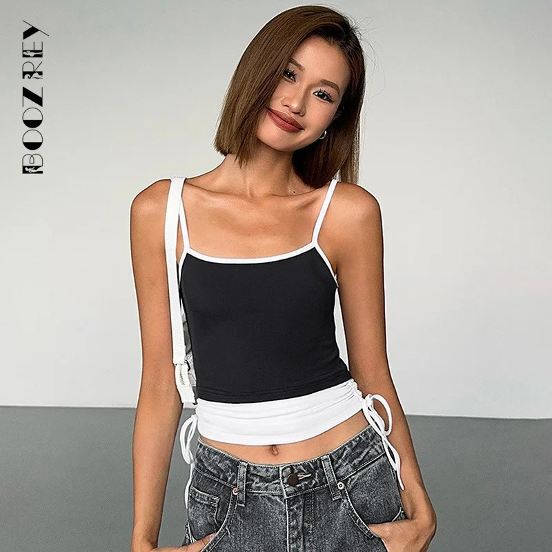 BoozRey 2024 Summer New Adjustable Straps Halter Clash Color Fake Two Piece Square Neck Backless Solid Hottie Girl Style Top