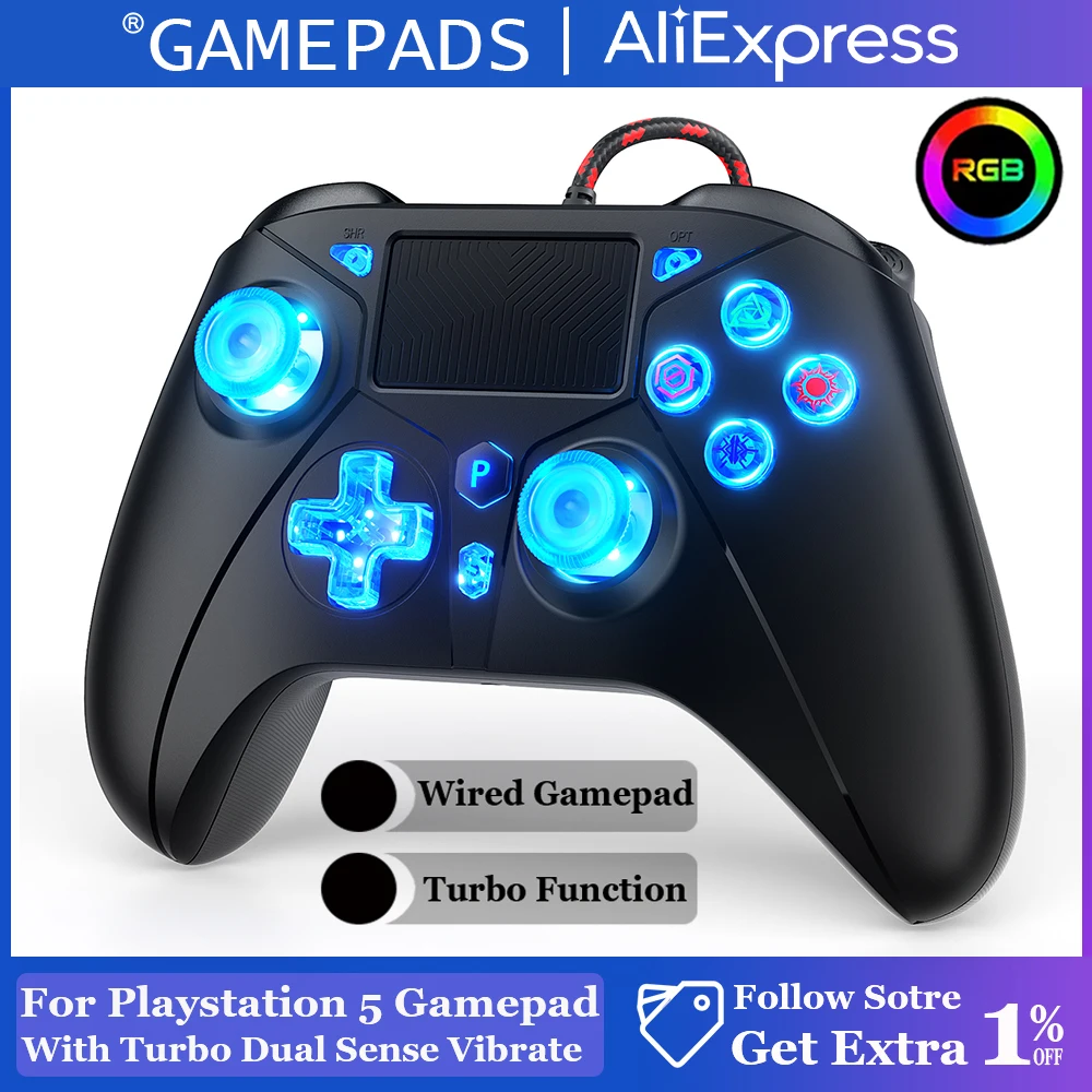 

Проводной геймпад для Playstation5/Ps5/Ps4/ps3/pc с поддержкой RGB, функцией Turbo и вибрацией Dual Sense, контроллер для консоли с эффектом Холла