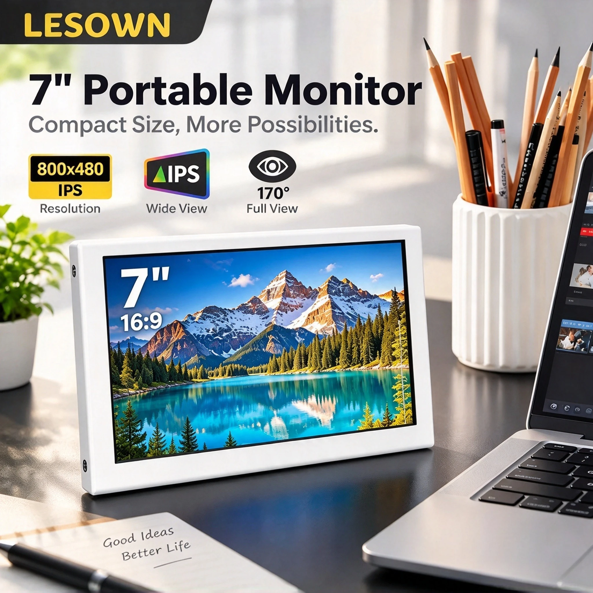 LESOWN 7 Inch Mini Portable Monitor 1024x600 White HDTV Display Built-in Speaker VESA Screen for CCTV Camera PC Raspberry Pi