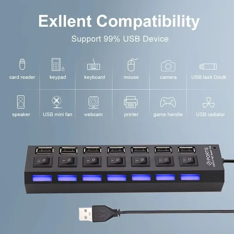 Commutateur d'extension de concentrateur USB, 7 ports, USB 2.0, ordinateur, One Drag Seven Splitter, PC, ordinateur portable, ordinateur de bureau