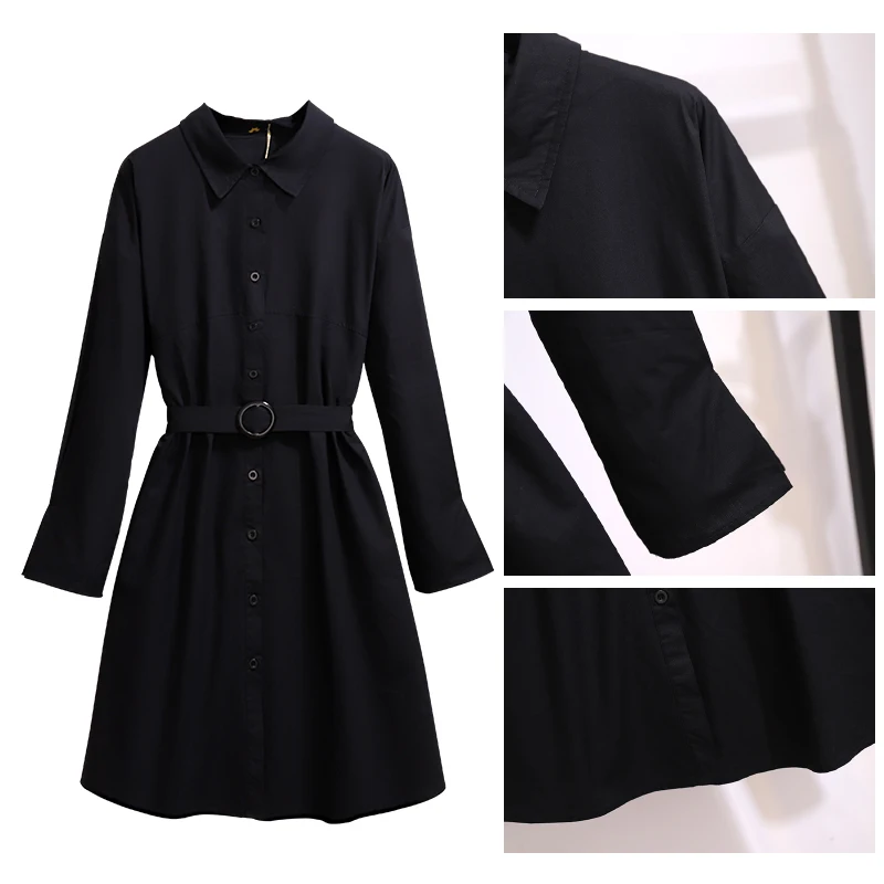 Plus size women\'s spring and autumn casual dress cotton fabric black cardigan shirt skirt belt waist design lapel special