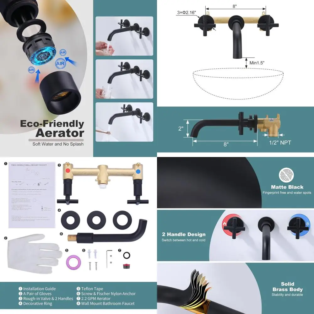 

Wall-Mounted Dual Handle Matte Black Bathroom Faucet with Vessel Sink and Rough-In Valve Included