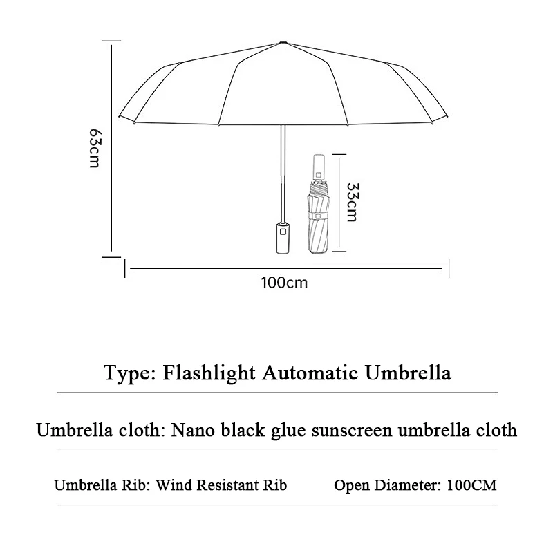 High-grade 10 Bones Durable Creative Automatic Bag Flashlight LED Umbrella Business Umbrella Rainy Sunshade Three Fold Umbrella