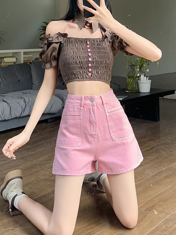 

Pink High Waist A-Line ort Jeans Women's Summer Thin Cool Faion Small Size Heightening Slimming Wide Leg Pants