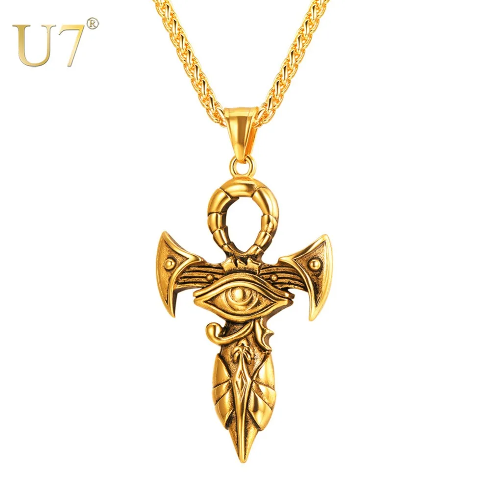 

U7 The Eye Of Horus Ankh Necklace Ancient Egyptian Religion Jewelry Gift Unisex Punk Cross Pendant & Chain for Men/Women P1181