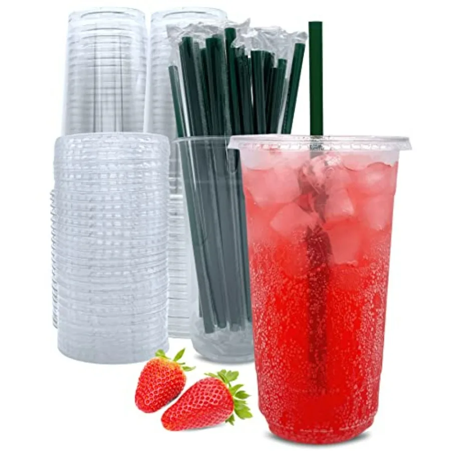 

Clear Plastic with Lids and Straws, Disposable Coffee Cups 25 Sets