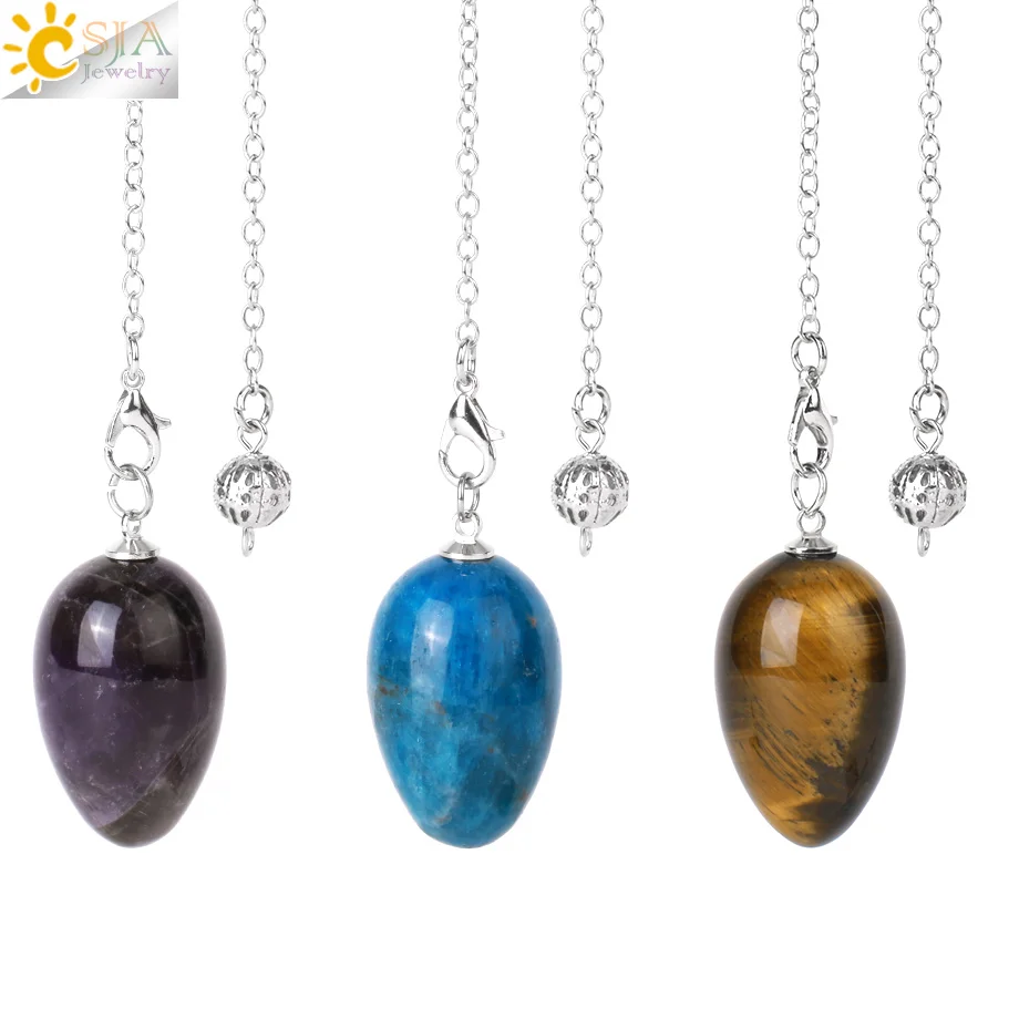 CSJA Crystal Pendulums for Dowsing Divination Natural Stone Egg Shape Pendant Esoteries Radiesthesia Pendulum Pendulo S973