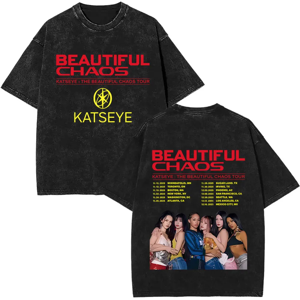 

Washed Vintage Korean Kpop Katseye Beautiful Chaos Tour 2025 T-shirt Men Women Hip Hop Fashion Oversized Short Sleeve T Shirts