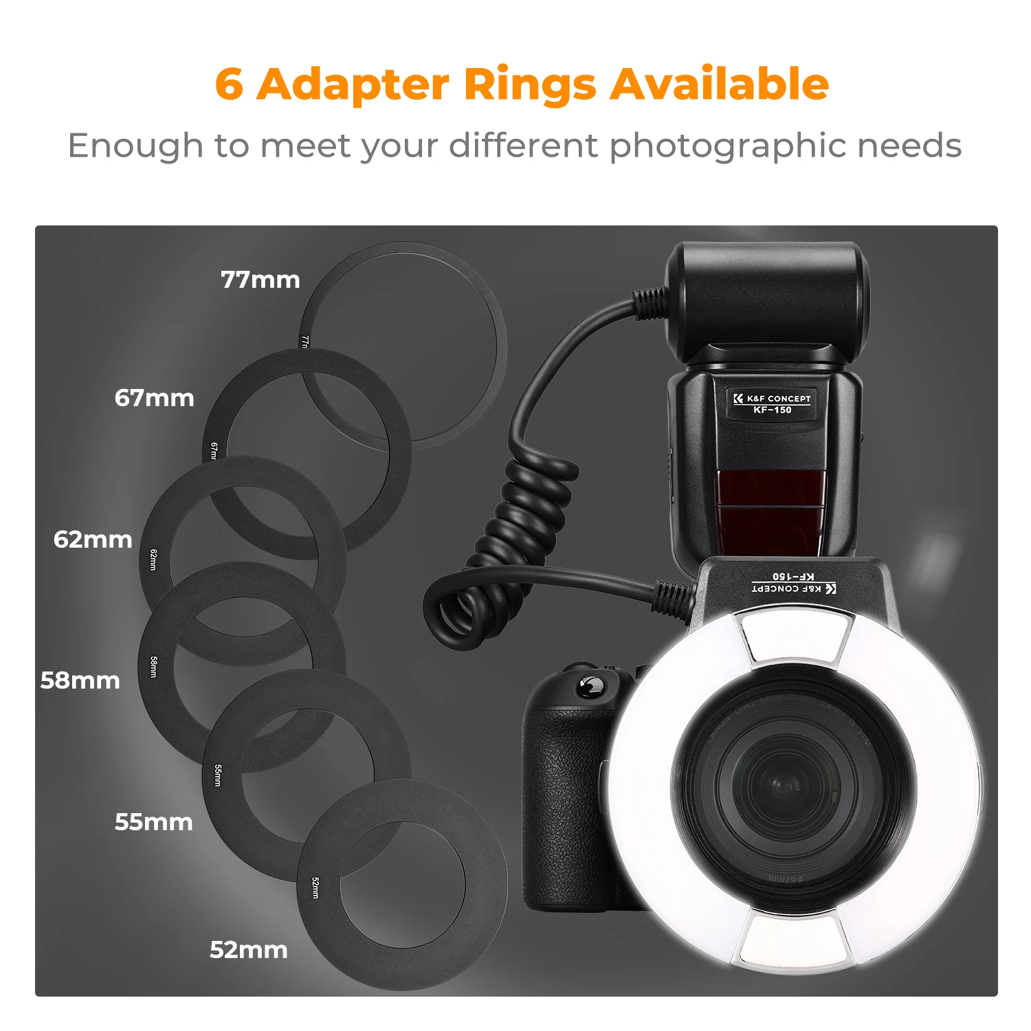 K&F Concept KF-150 I-TTL Macro Ring Light Flashs LCD Display and Wireless Slave Speedlite with 6pcs Adapter Rings For Nikon DSLR