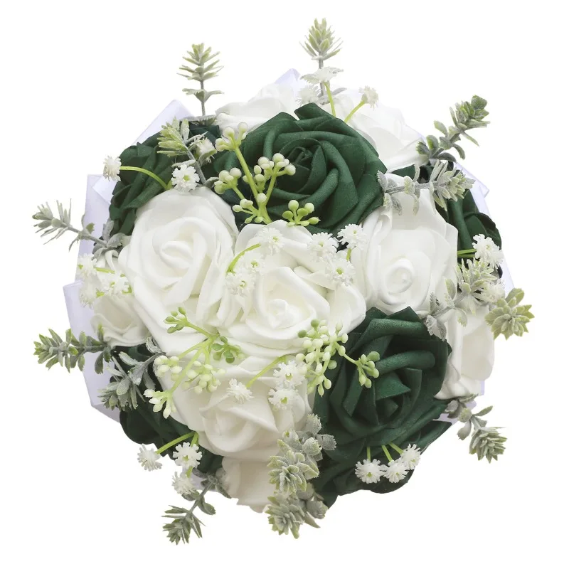 Mori Bride Simulation Dark Green Rose Bouquet Bridesmaids PE Foam White Rose Bouquet Wedding Supplies Spot