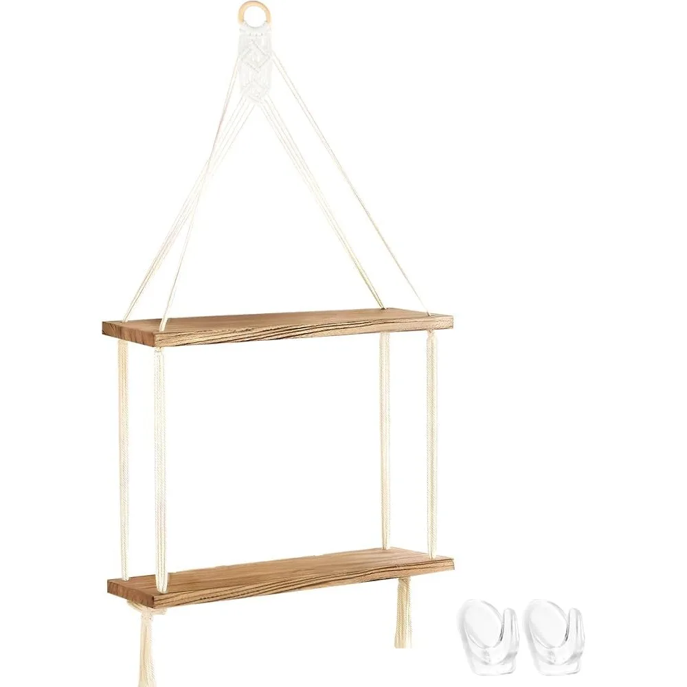 

Macrame Wall Hanging Shelves Boho Room Decor, 2 Tier Handmade Cotton Rope Rustic Wood Corner Floating Shelves with 2 Hooks, Deco