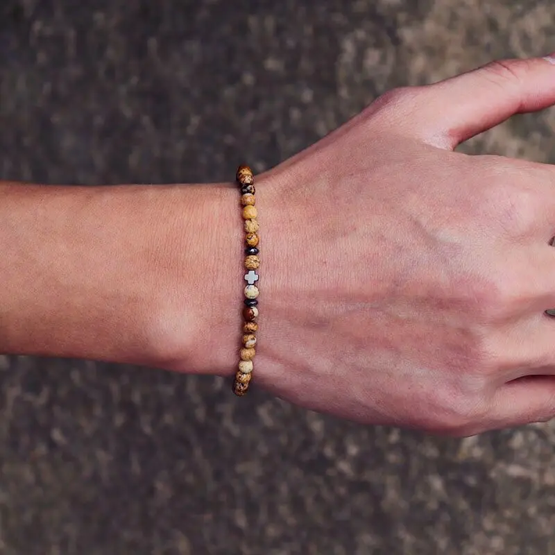 Pulsera de piedra Natural de 4mm para hombre, brazalete cruzado de hematita, cuentas de arroz, regalo para novio, Bracciale Uomo Joias, joyería de Yoga