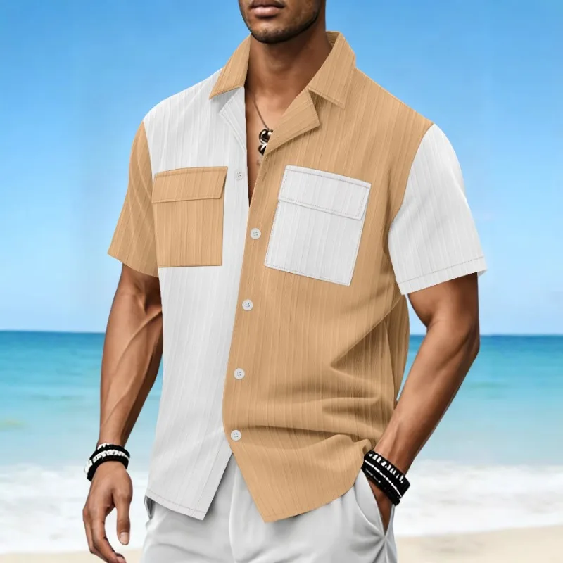 

Men's Color Block Short Sleeve Shirts Button Down Casual Breathable Beach Hawaiian Tops for Men