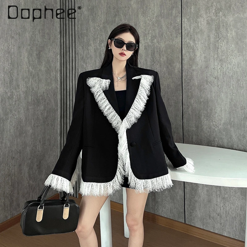 

White Lace Trim Patchwork Black Blazer for Women New Spring Autumn Commuter Style Trendy Loose Casual Slimming Blazer Top