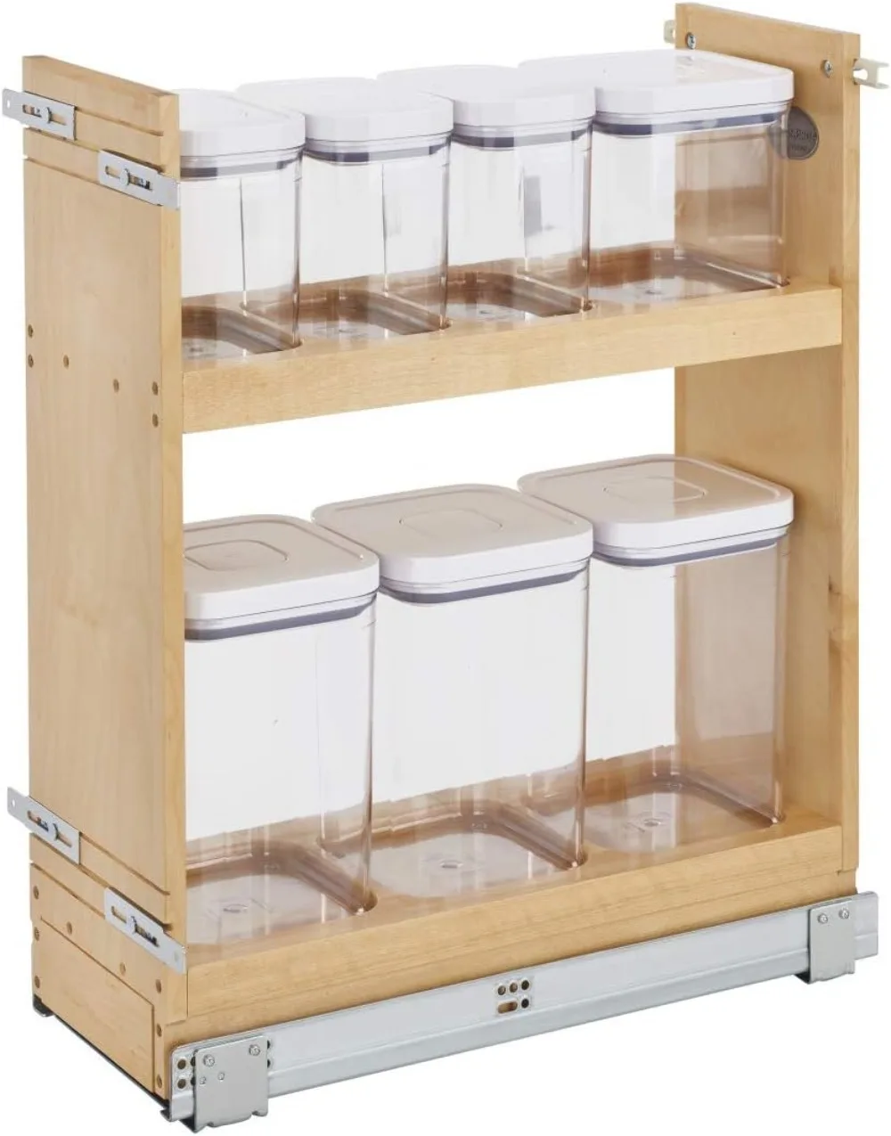 448OXO-BCSC-8C 8 Inch Base Pullout Kitchen Cabinet Organizer with 7 Multi Sized OXO Storage Containers, Natural Maple Wood