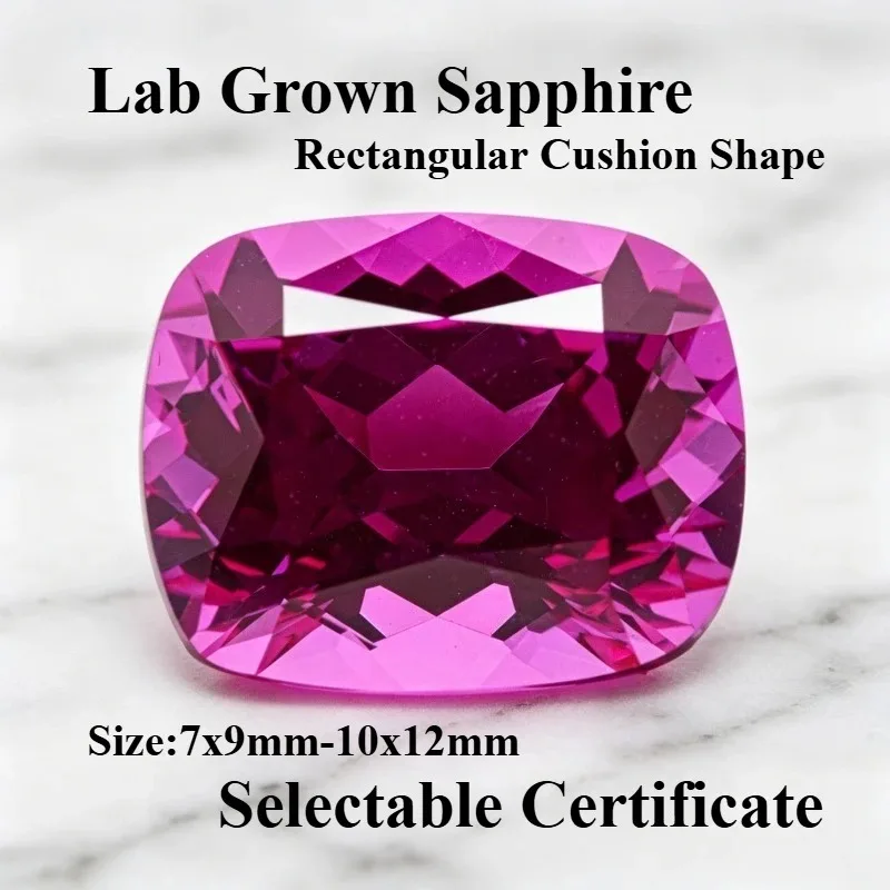 Lab Grown Sapphire Hot Pink Color Rectangular Cushion Cut Gemstone for DIY Ring Necklace Earrings Making Selectable Certificate