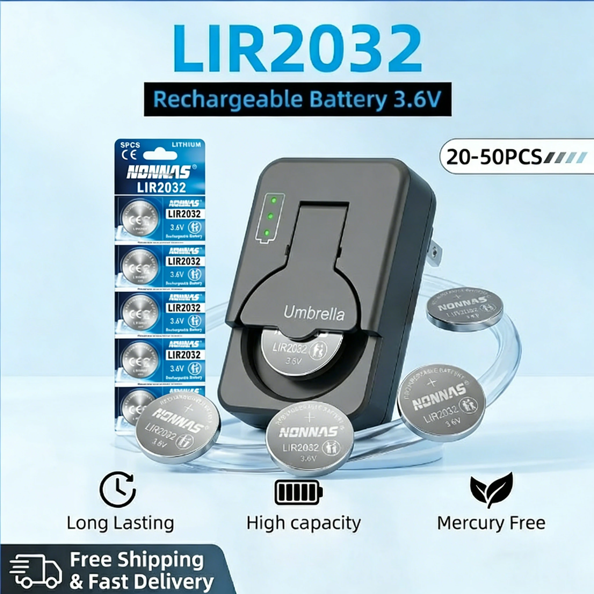 Rechargeable LIR2032 Battery 20-50PCS Lithium Coin Cell Can Replace CR2032 For Watch
