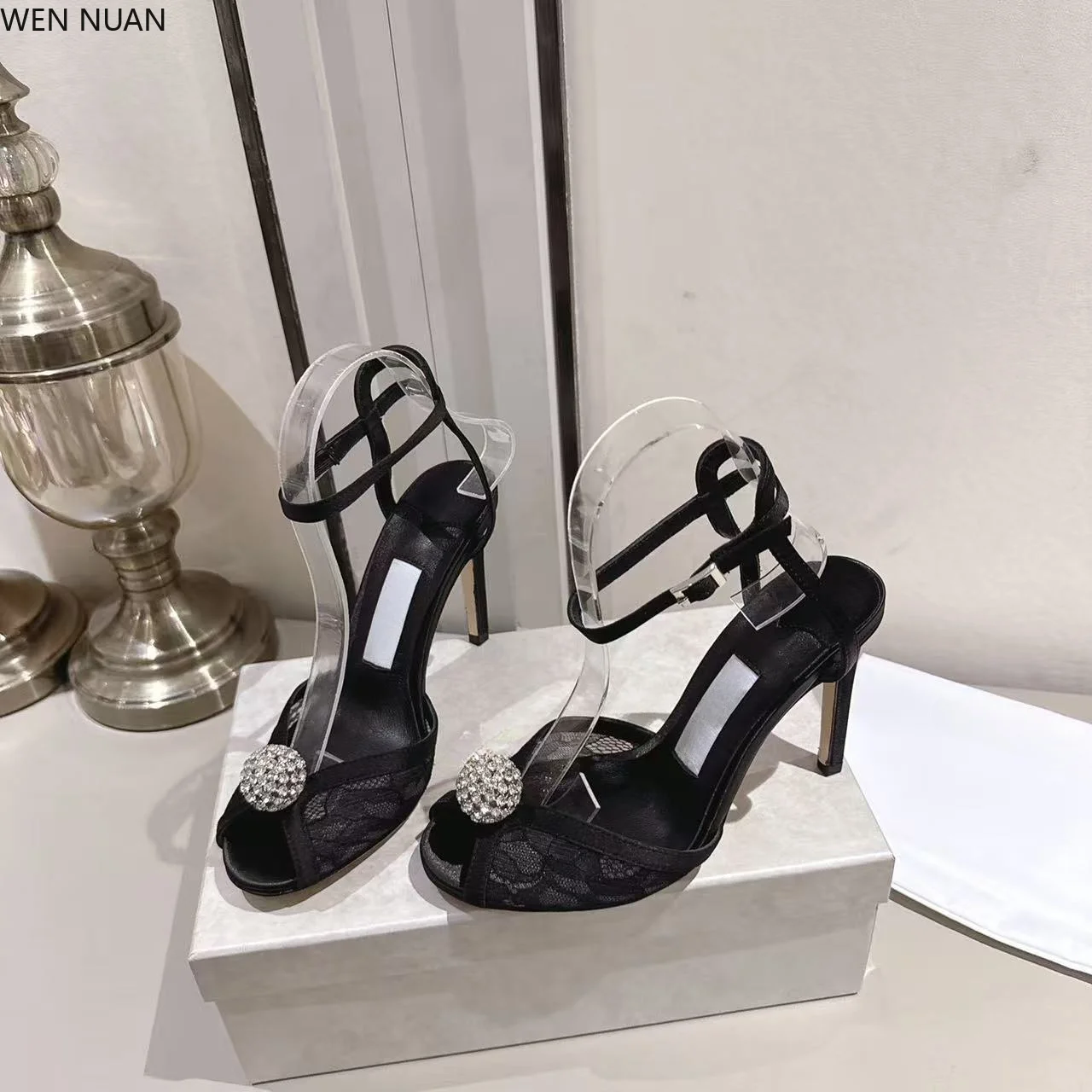 Sexy lace rhinestone ball high-heeled women's new style pointed-toe mesh open-back one-strap dress sandal